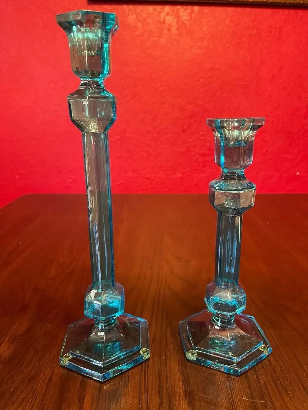 Vintage Fostoria Teal Blue Glass Candlestick Set of 2/ Vintage Blue Glass Candle